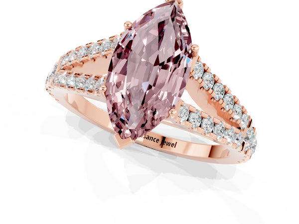 Rose gold Marquise Cut Morganite Split Shank Pavé Engagement Ring with Four-Prong Setting