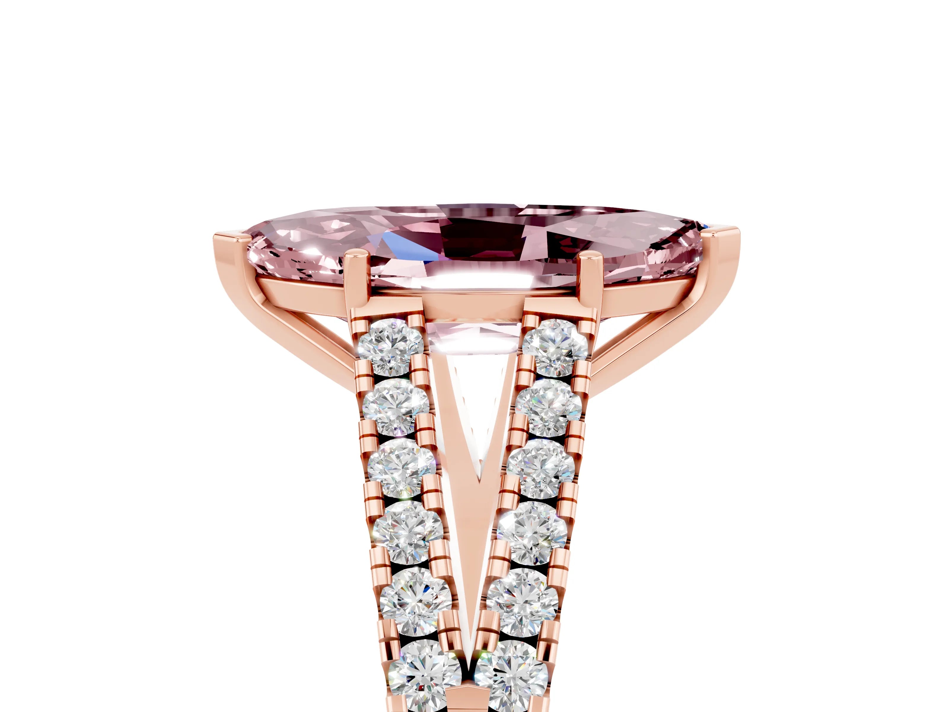 Rose gold Marquise Cut Morganite Split Shank Pavé Engagement Ring with Four-Prong Setting_17