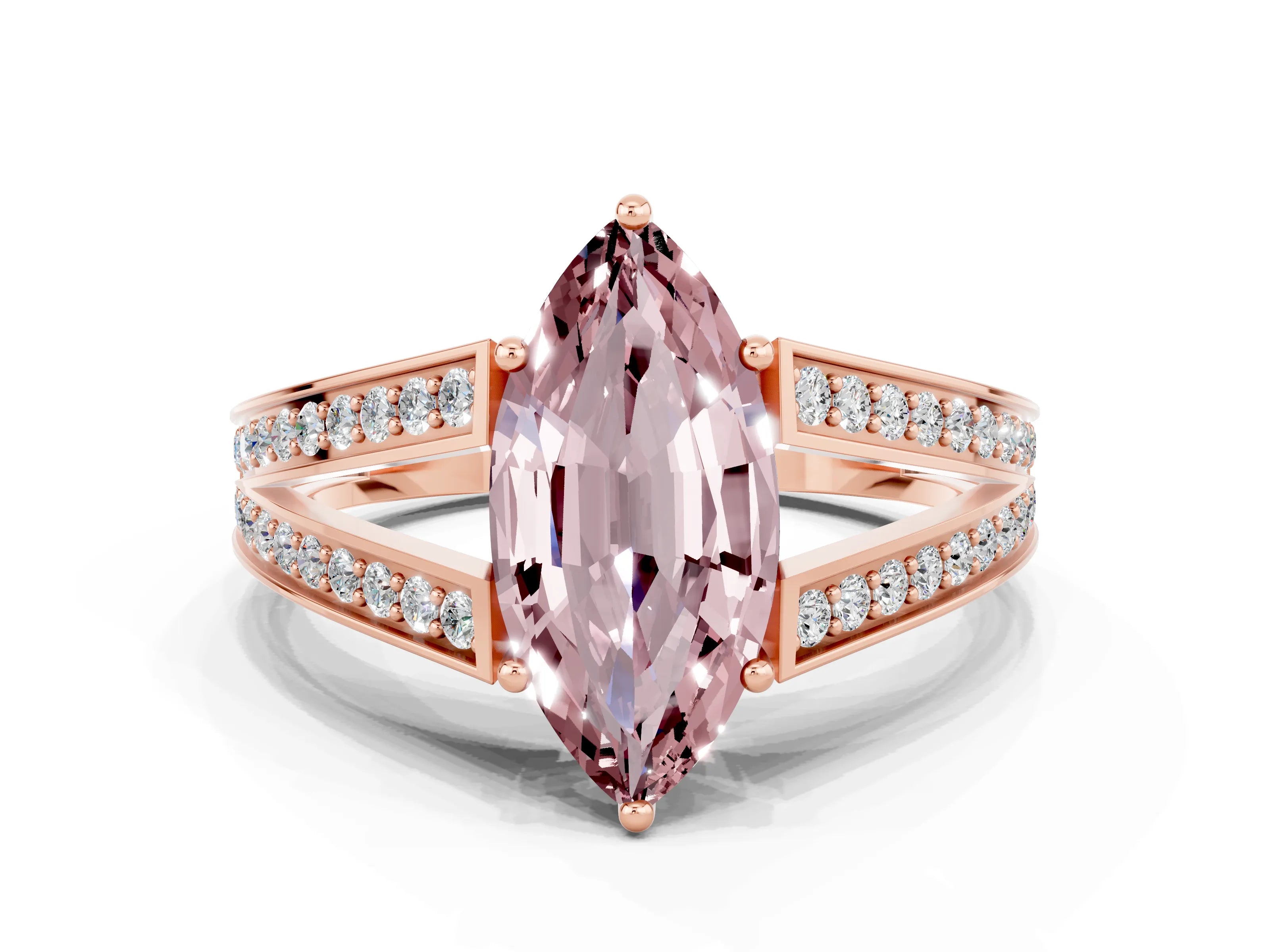 Rose gold Marquise Cut Morganite Split Shank Ring with Pavé Band and Four-Prong Setting