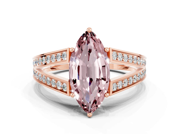 Rose gold Marquise Cut Morganite Split Shank Ring with Pavé Band and Four-Prong Setting