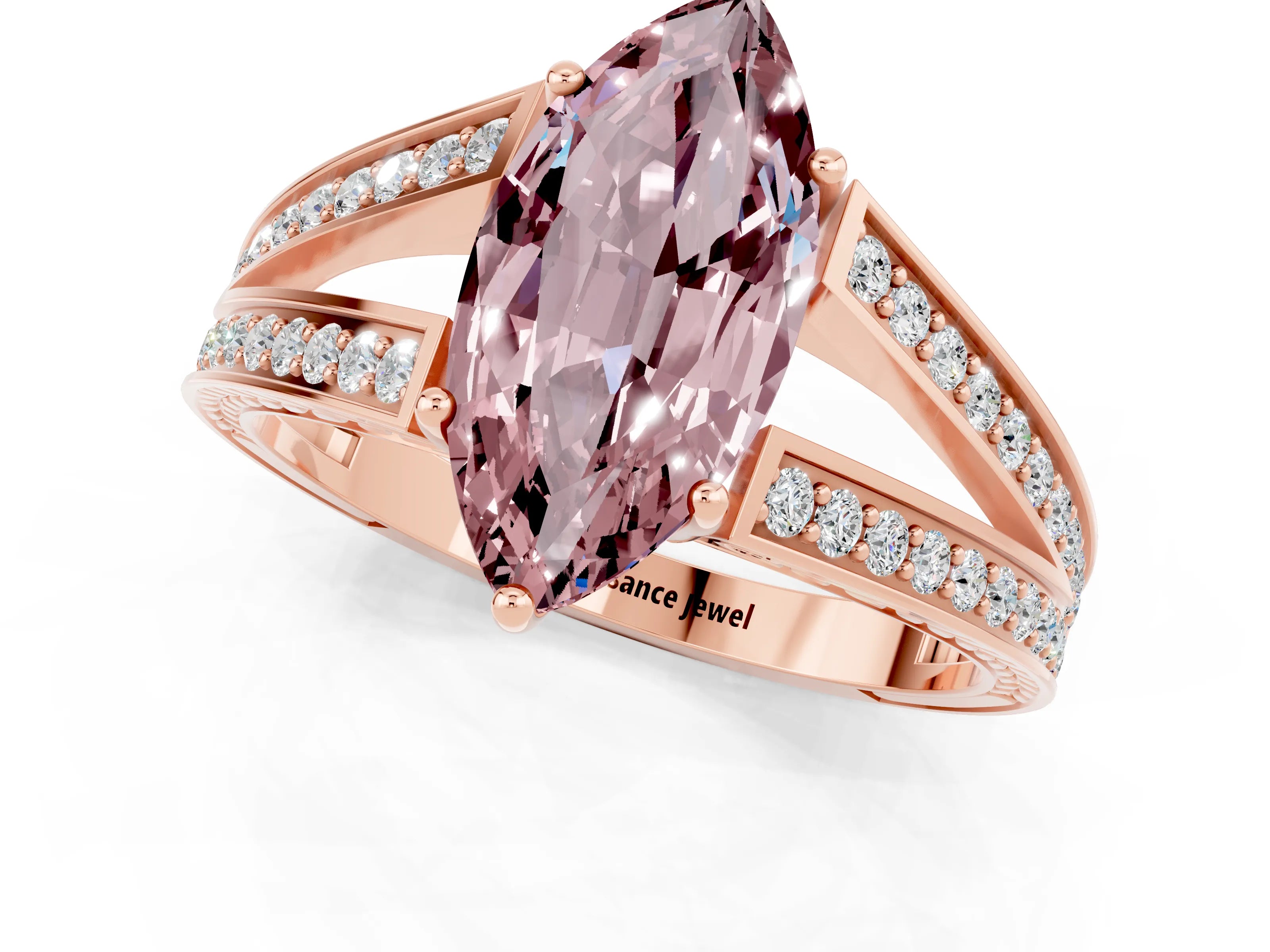 Rose gold Marquise Cut Morganite Split Shank Ring with Pavé Band and Four-Prong Setting_1