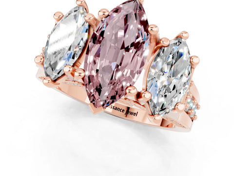 Rose gold Marquise Cut Morganite Three-Stone Ring with Channel Set Band and Four-Prong Setting_1