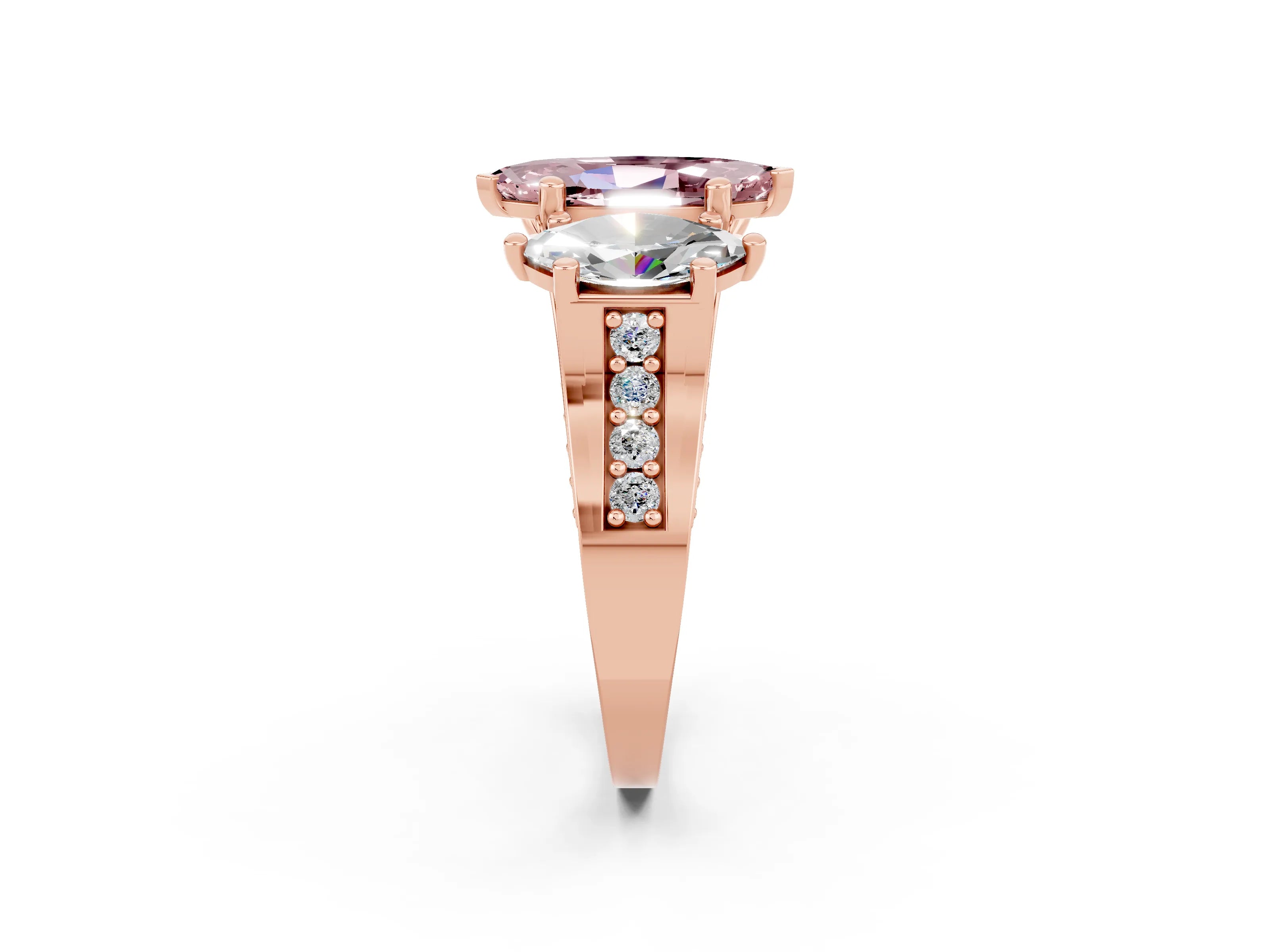 Rose gold Marquise Cut Morganite Three-Stone Ring with Channel Set Band and Four-Prong Setting_2