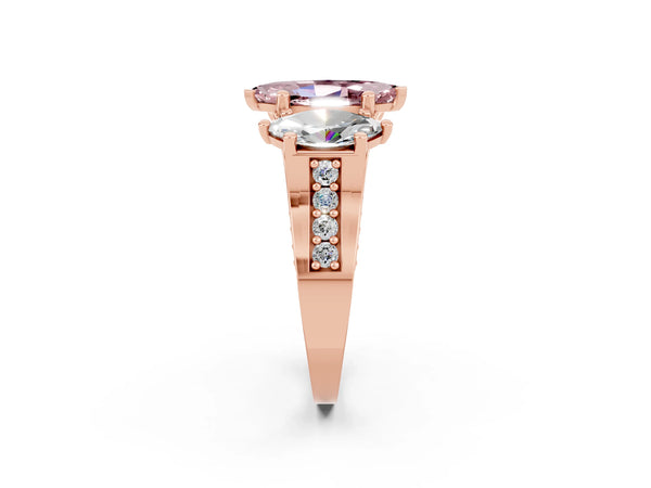 Rose gold Marquise Cut Morganite Three-Stone Ring with Channel Set Band and Four-Prong Setting