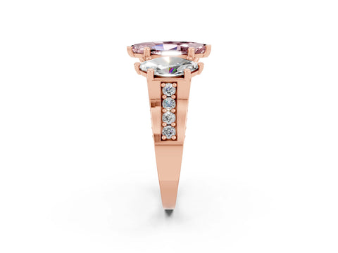 Rose gold Marquise Cut Morganite Three-Stone Ring with Channel Set Band and Four-Prong Setting_2