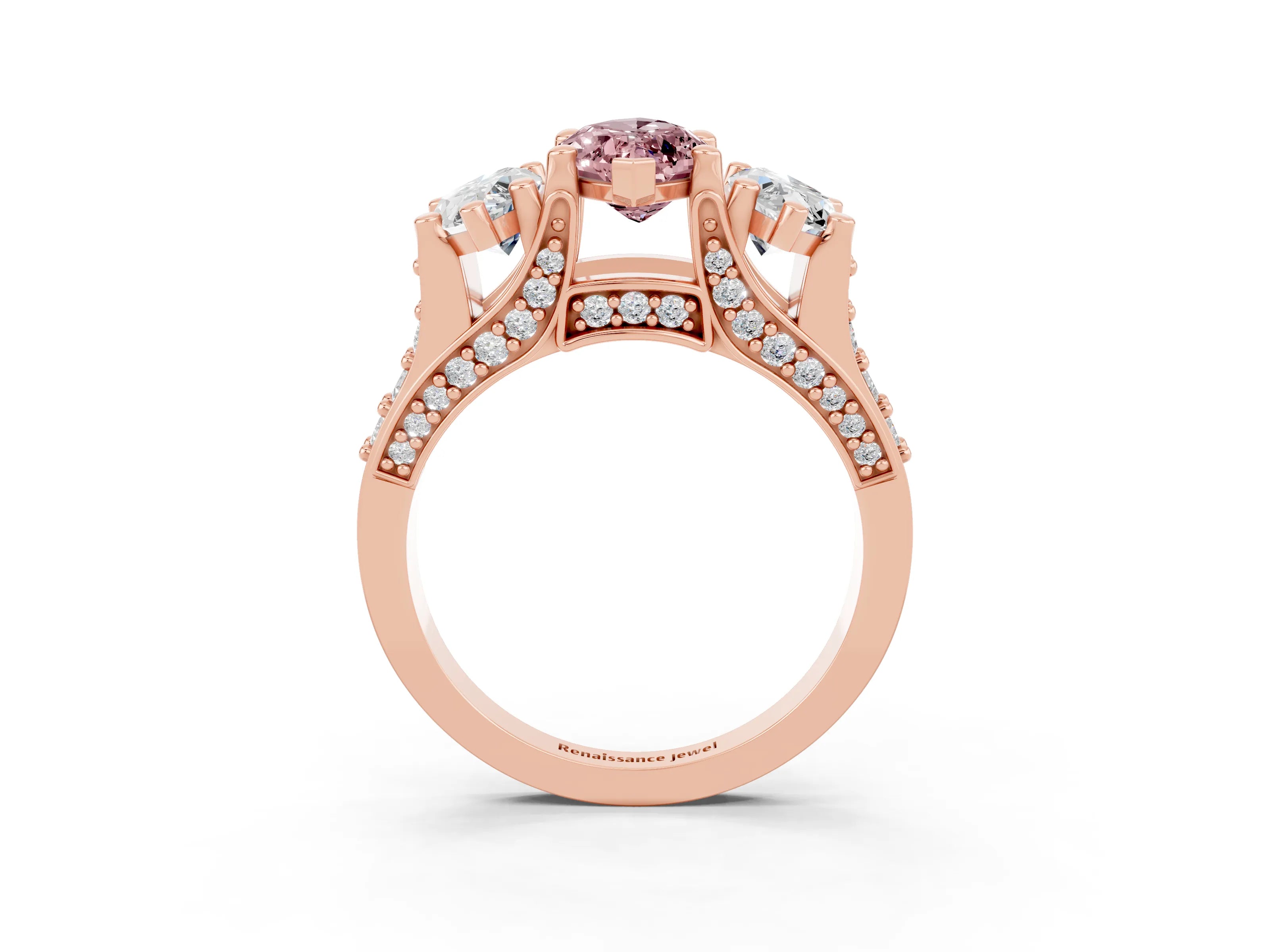 Rose gold Marquise Cut Morganite Three-Stone Ring with Channel Set Band and Four-Prong Setting_3