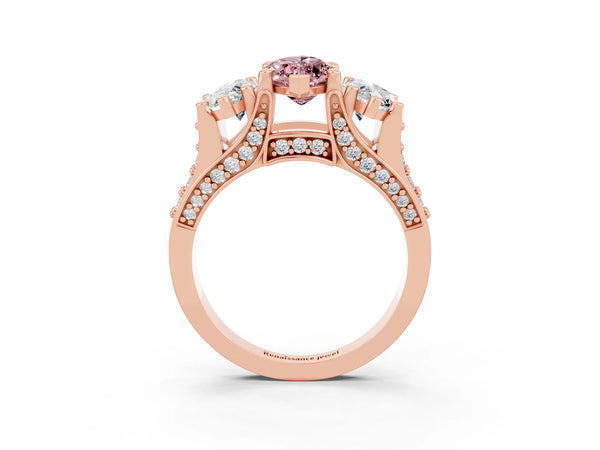 Rose gold Marquise Cut Morganite Three-Stone Ring with Channel Set Band and Four-Prong Setting