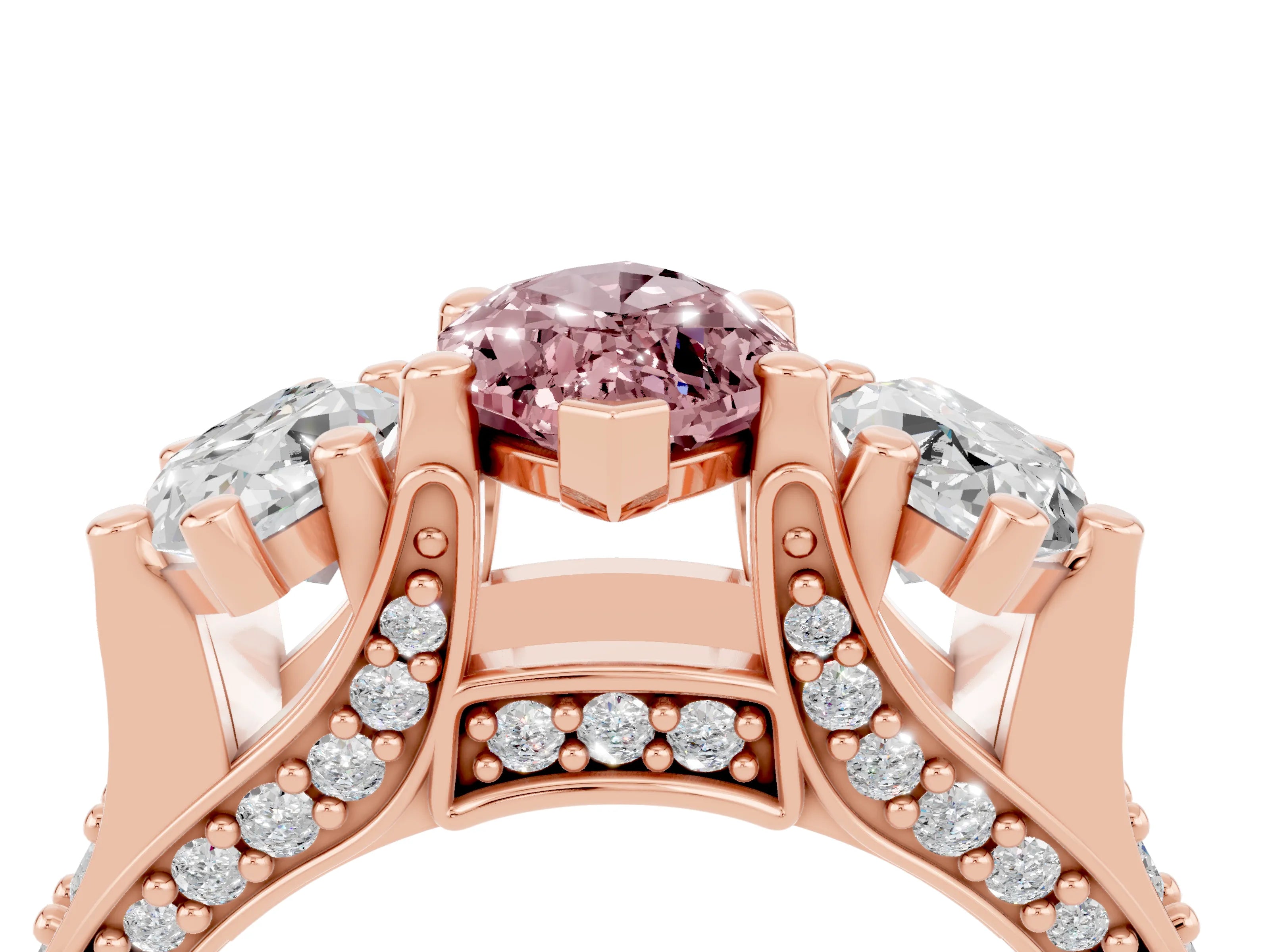 Rose gold Marquise Cut Morganite Three-Stone Ring with Channel Set Band and Four-Prong Setting_4