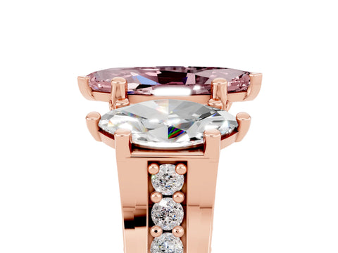 Rose gold Marquise Cut Morganite Three-Stone Ring with Channel Set Band and Four-Prong Setting_5