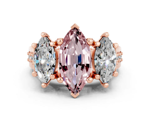 Rose gold Marquise Cut Morganite Three-Stone Ring with Channel Set Band and Four-Prong Setting