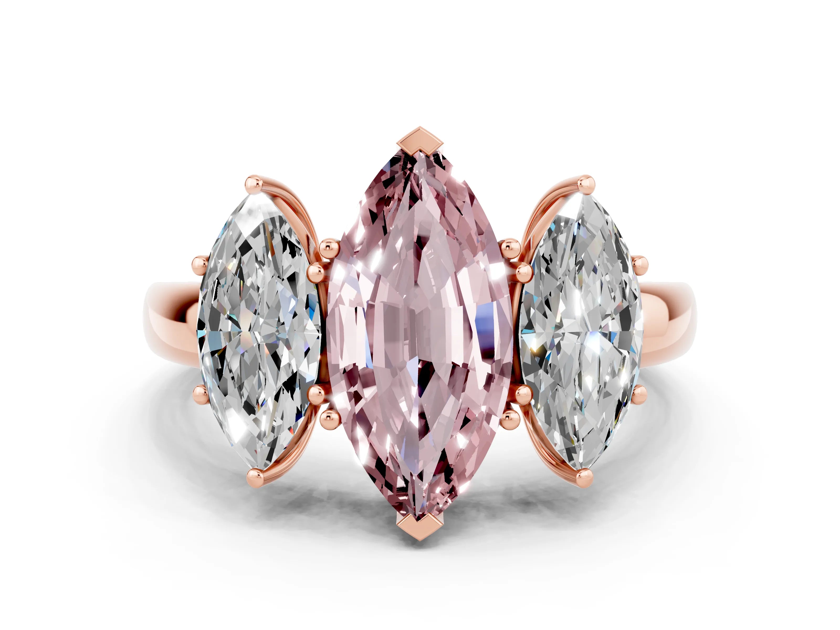 Rose gold Marquise Cut Morganite Three-Stone Ring with Four-Prong Setting and Classic Band