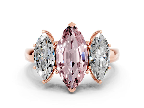 Rose gold Marquise Cut Morganite Three-Stone Ring with Four-Prong Setting and Classic Band