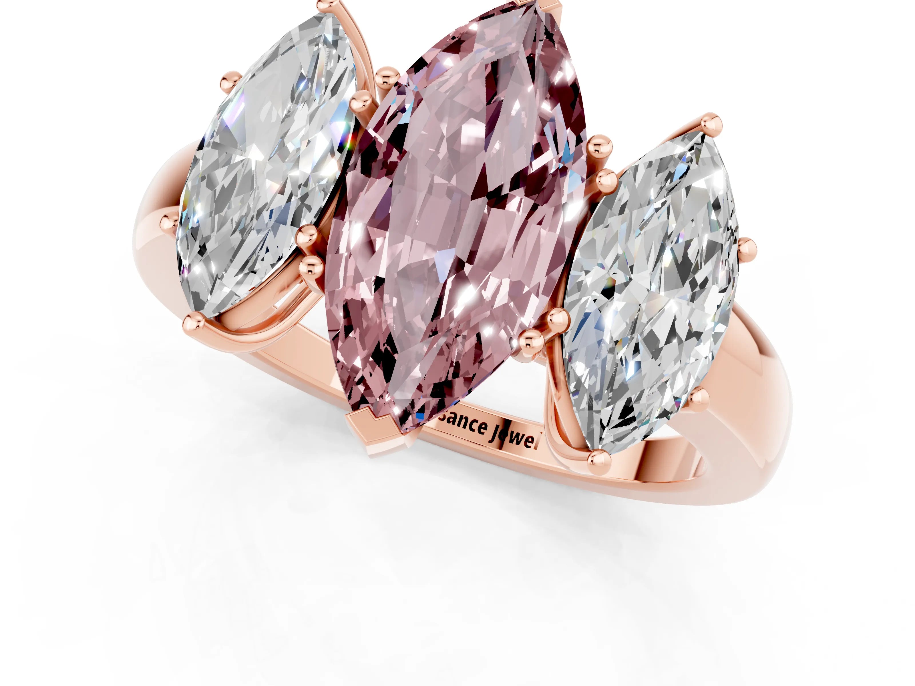 Rose gold Marquise Cut Morganite Three-Stone Ring with Four-Prong Setting and Classic Band_1