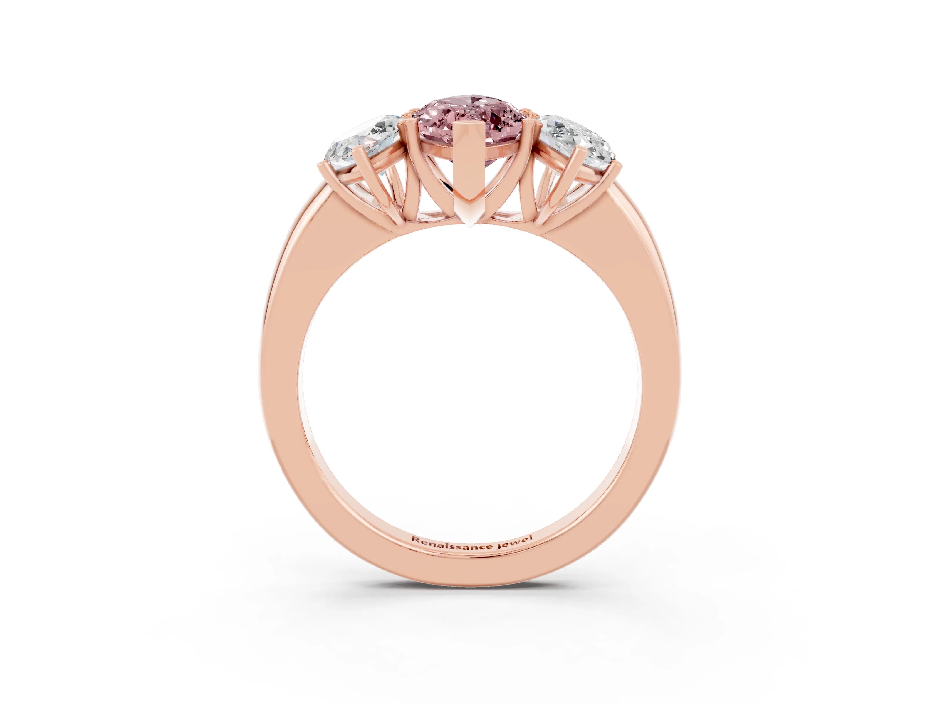 Rose gold Marquise Cut Morganite Three-Stone Ring with Four-Prong Setting and Classic Band_3
