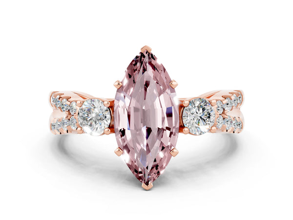 Rose gold Marquise Cut Morganite Three-Stone Ring with Pavé Split Shank and Four-Prong Setting