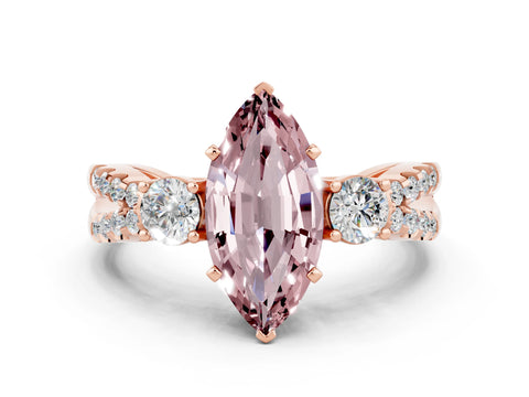Rose gold Marquise Cut Morganite Three-Stone Ring with Pavé Split Shank and Four-Prong Setting_12
