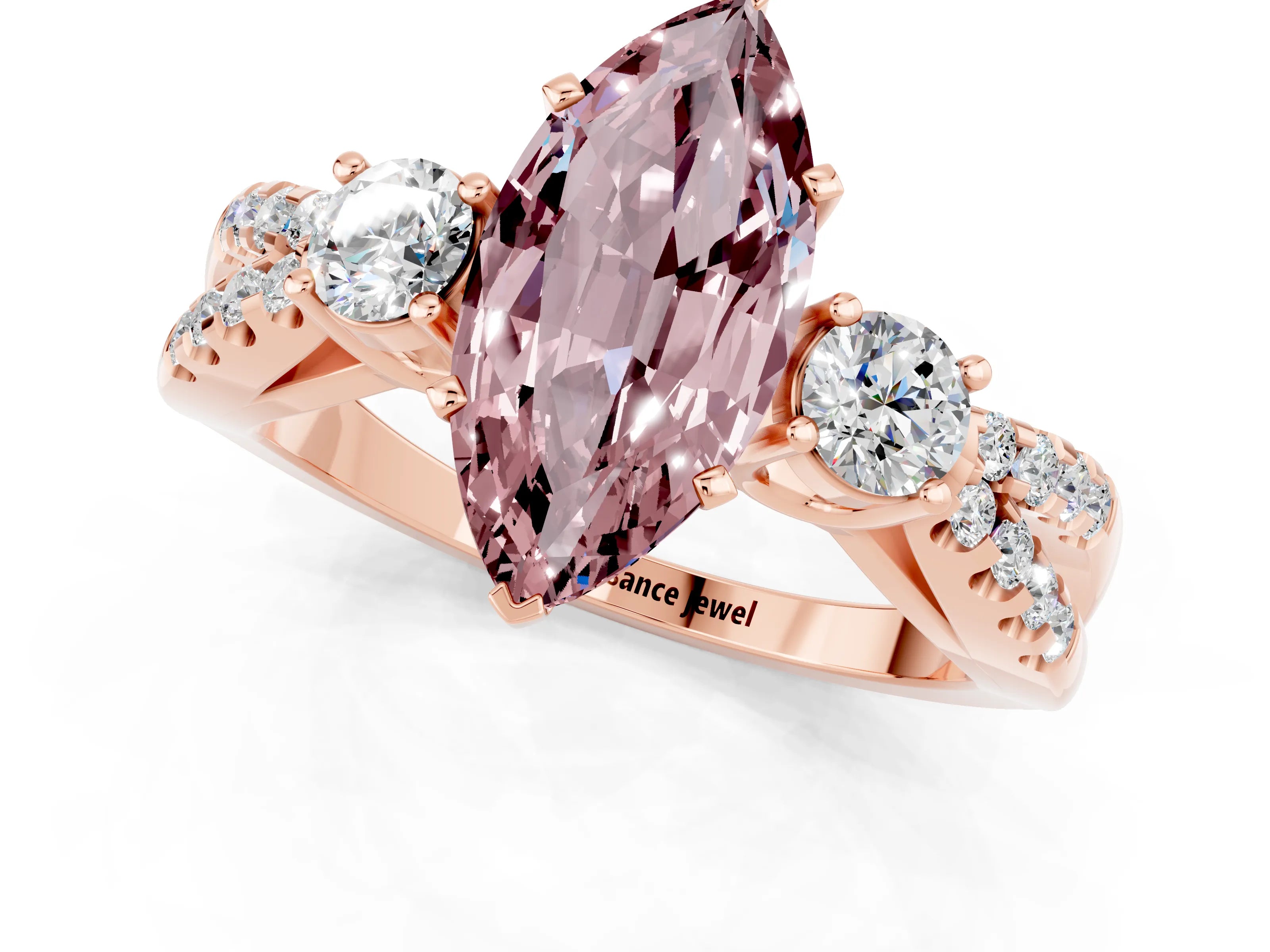 Rose gold Marquise Cut Morganite Three-Stone Ring with Pavé Split Shank and Four-Prong Setting_13