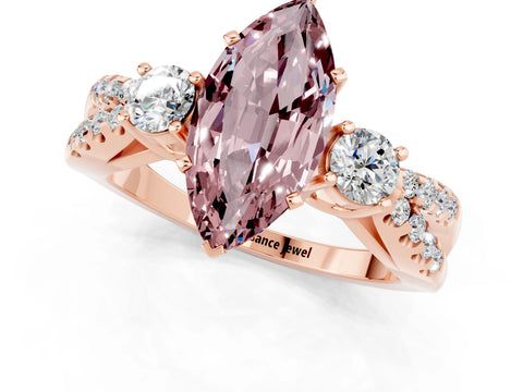 Rose gold Marquise Cut Morganite Three-Stone Ring with Pavé Split Shank and Four-Prong Setting_13