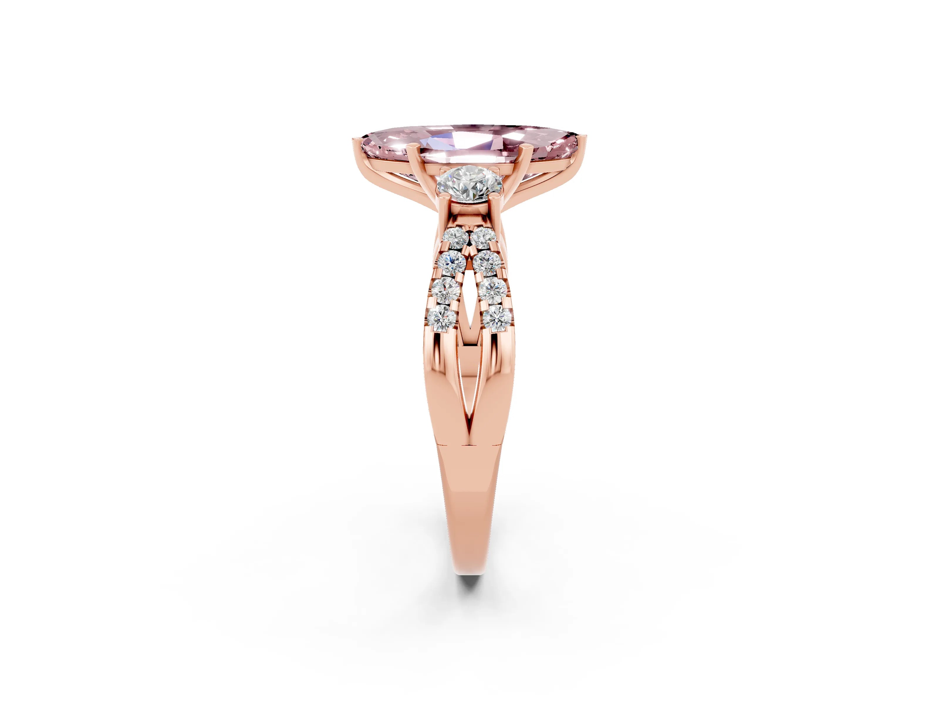 Rose gold Marquise Cut Morganite Three-Stone Ring with Pavé Split Shank and Four-Prong Setting_14