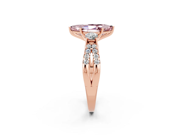 Rose gold Marquise Cut Morganite Three-Stone Ring with Pavé Split Shank and Four-Prong Setting