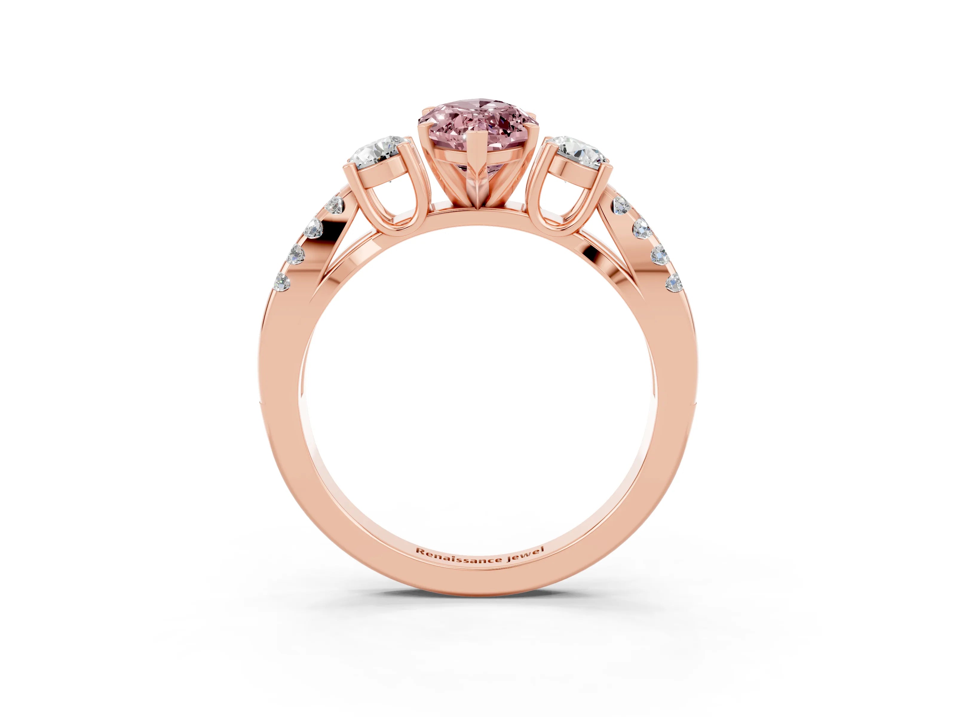 Rose gold Marquise Cut Morganite Three-Stone Ring with Pavé Split Shank and Four-Prong Setting_15