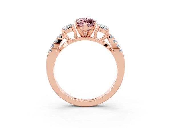 Rose gold Marquise Cut Morganite Three-Stone Ring with Pavé Split Shank and Four-Prong Setting