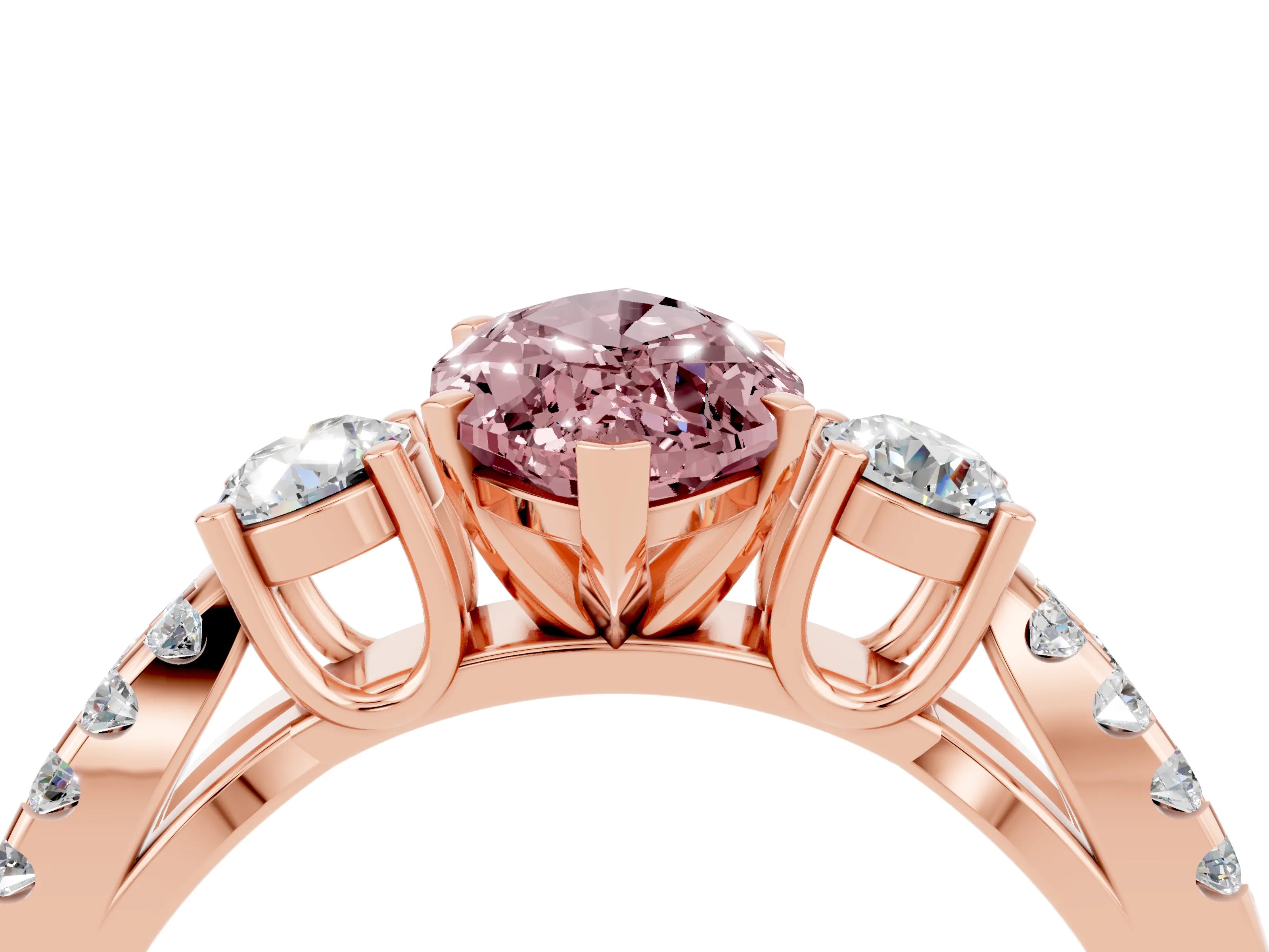 Rose gold Marquise Cut Morganite Three-Stone Ring with Pavé Split Shank and Four-Prong Setting_16