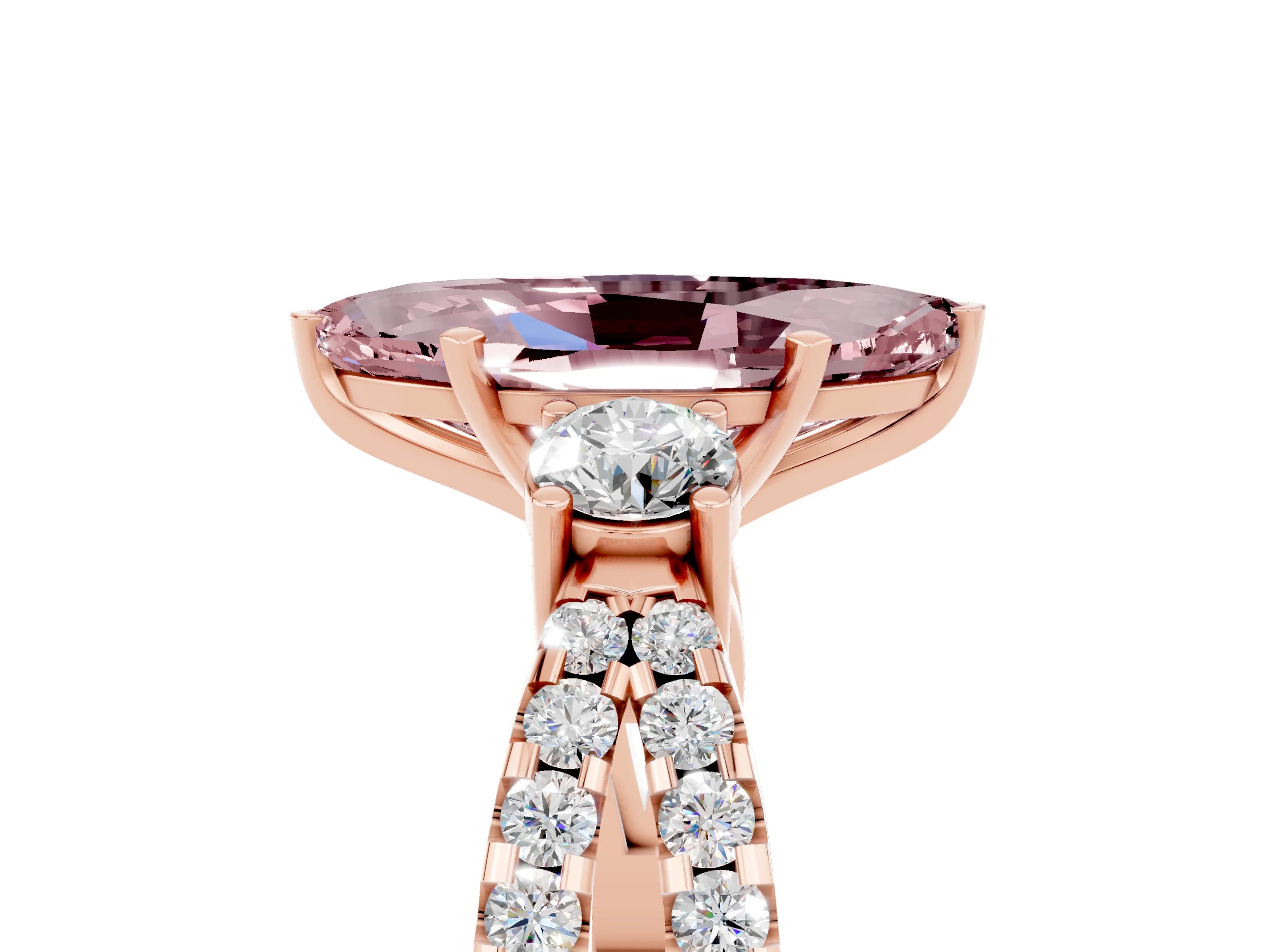 Rose gold Marquise Cut Morganite Three-Stone Ring with Pavé Split Shank and Four-Prong Setting_17