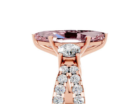 Rose gold Marquise Cut Morganite Three-Stone Ring with Pavé Split Shank and Four-Prong Setting_17
