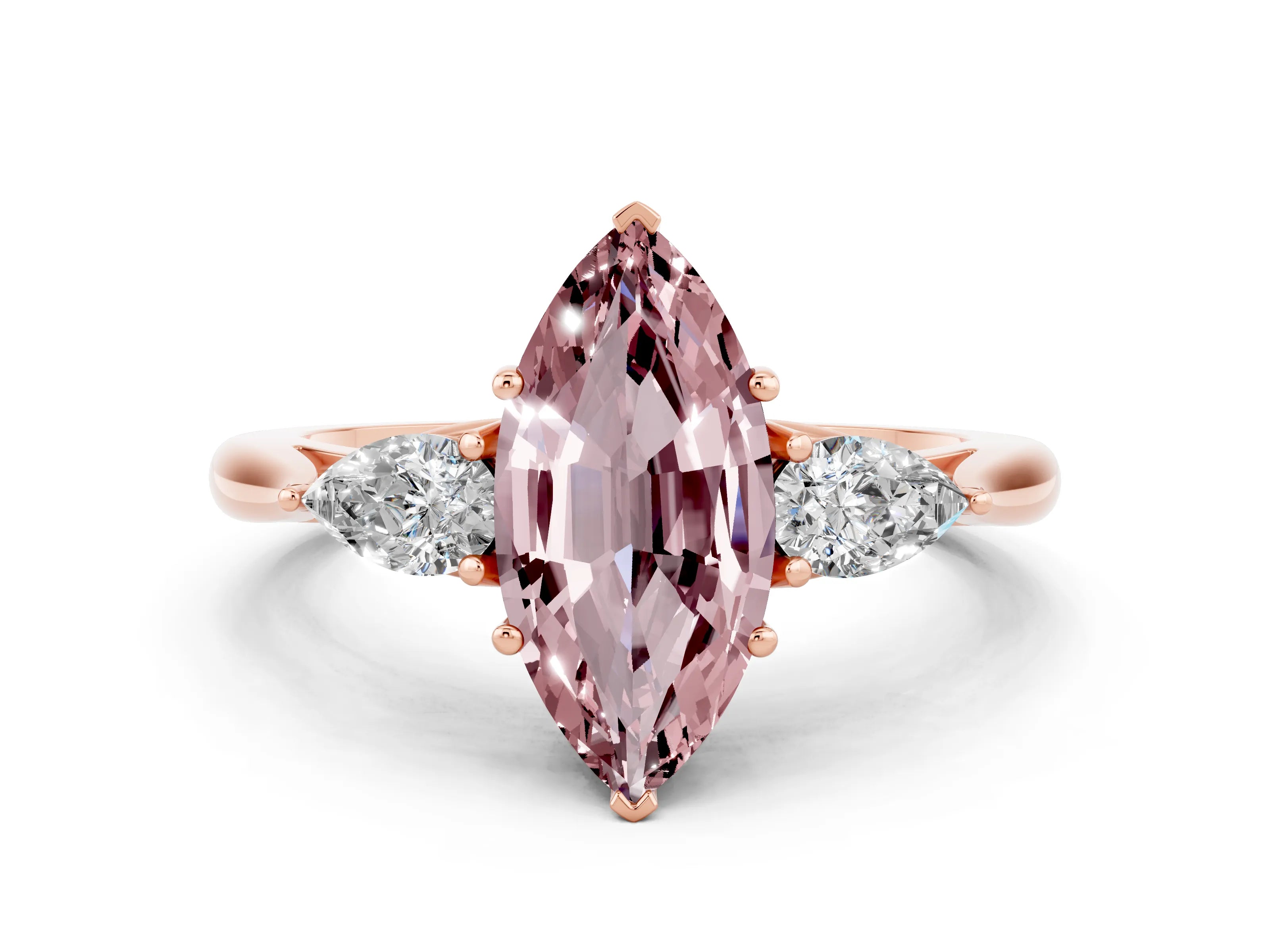 Rose gold Marquise Cut Morganite Three-Stone Ring with Pear Side Stones and Four-Prong Setting_12
