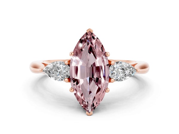 Rose gold Marquise Cut Morganite Three-Stone Ring with Pear  Side Stones and Prong Setting