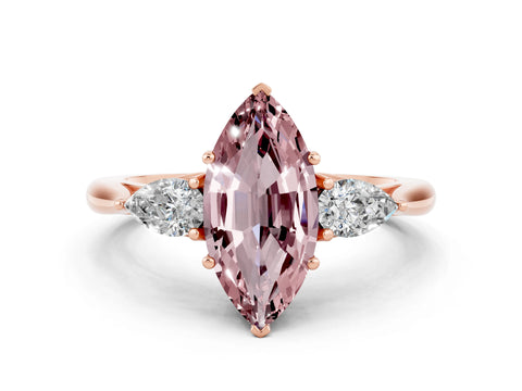 Rose gold Marquise Cut Morganite Three-Stone Ring with Pear Side Stones and Four-Prong Setting_12