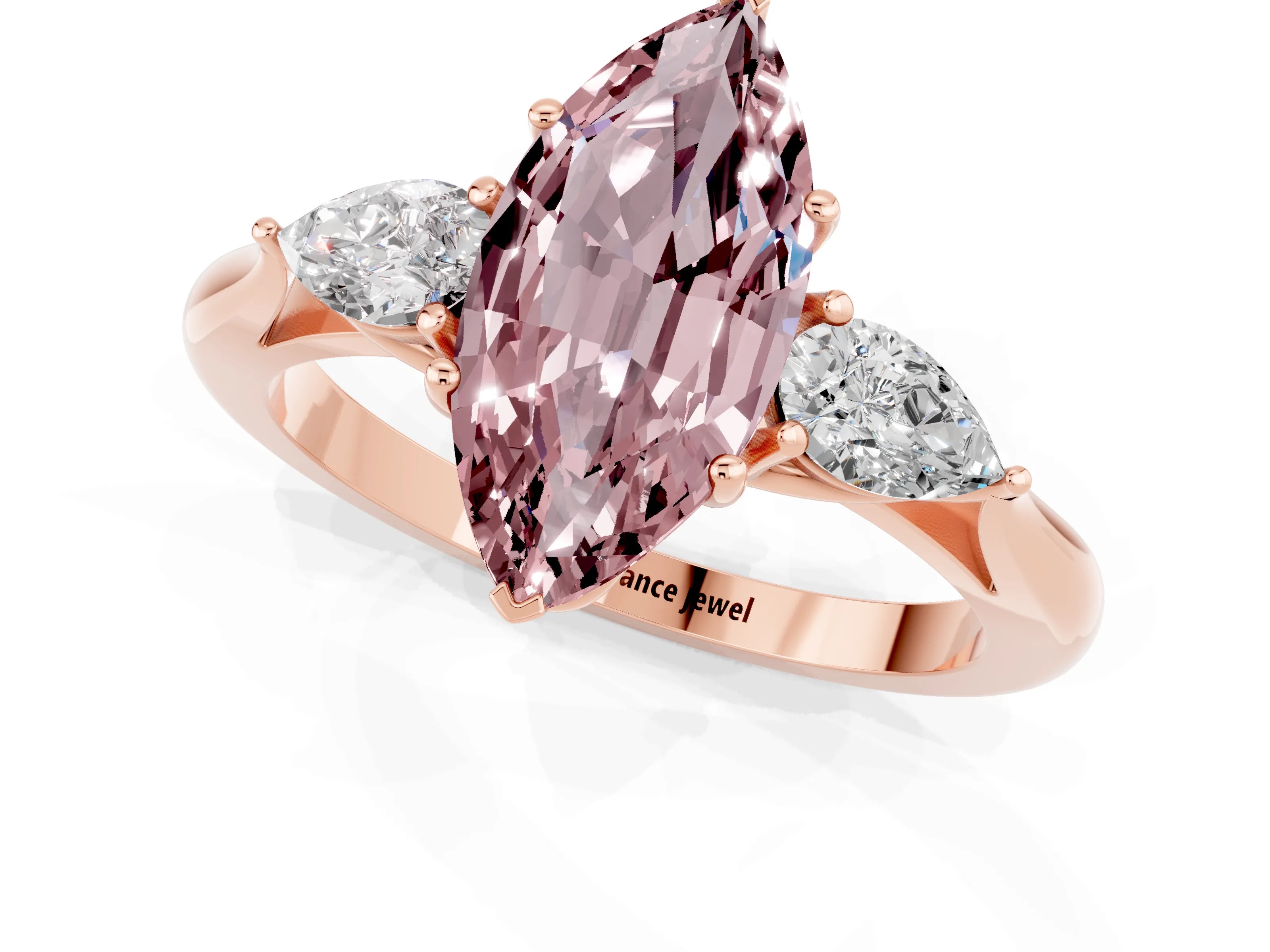 Rose gold Marquise Cut Morganite Three-Stone Ring with Pear Side Stones and Four-Prong Setting_13