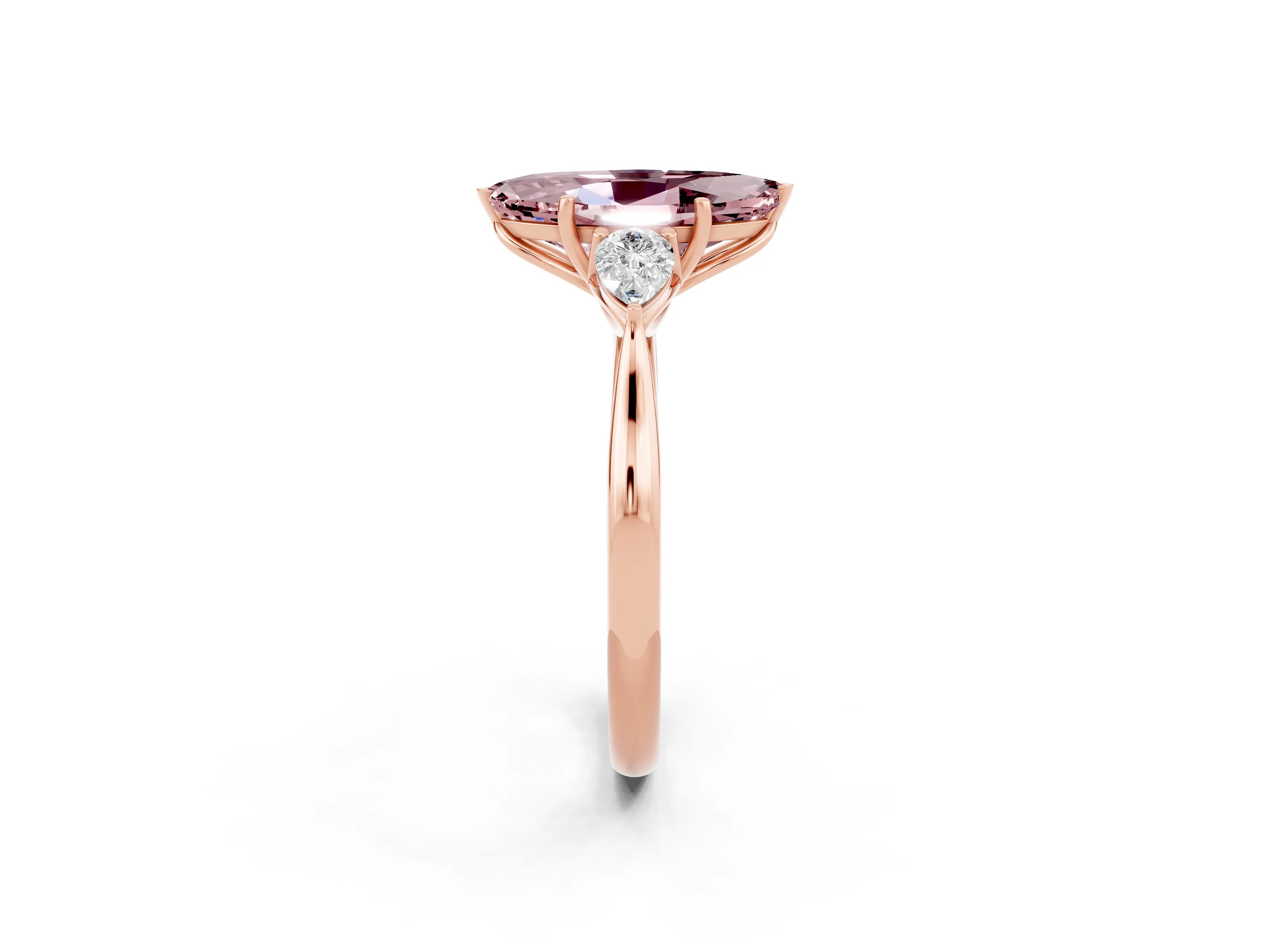 Rose gold Marquise Cut Morganite Three-Stone Ring with Pear Side Stones and Four-Prong Setting_14