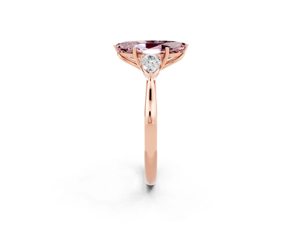 Rose gold Marquise Cut Morganite Three-Stone Ring with Pear  Side Stones and Prong Setting