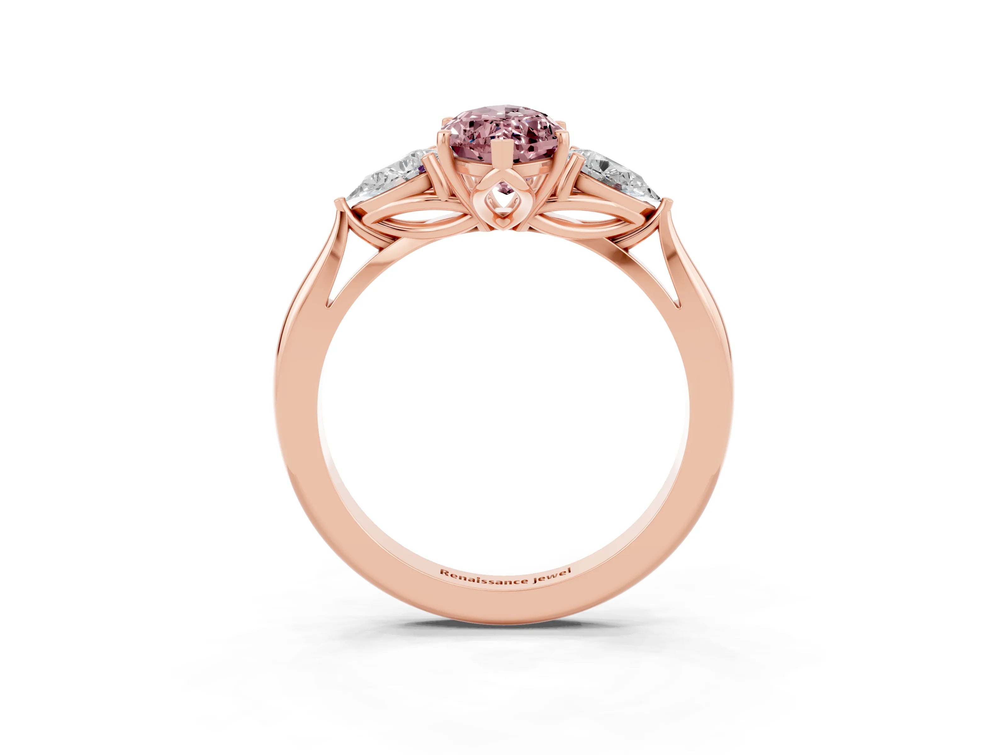 Rose gold Marquise Cut Morganite Three-Stone Ring with Pear Side Stones and Four-Prong Setting_15