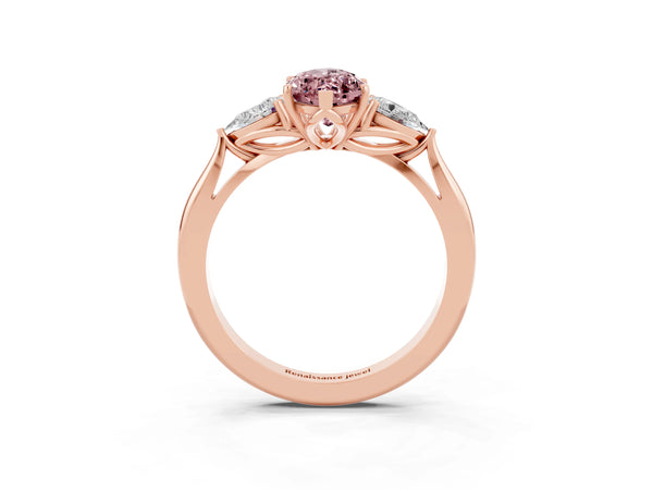 Rose gold Marquise Cut Morganite Three-Stone Ring with Pear  Side Stones and Prong Setting