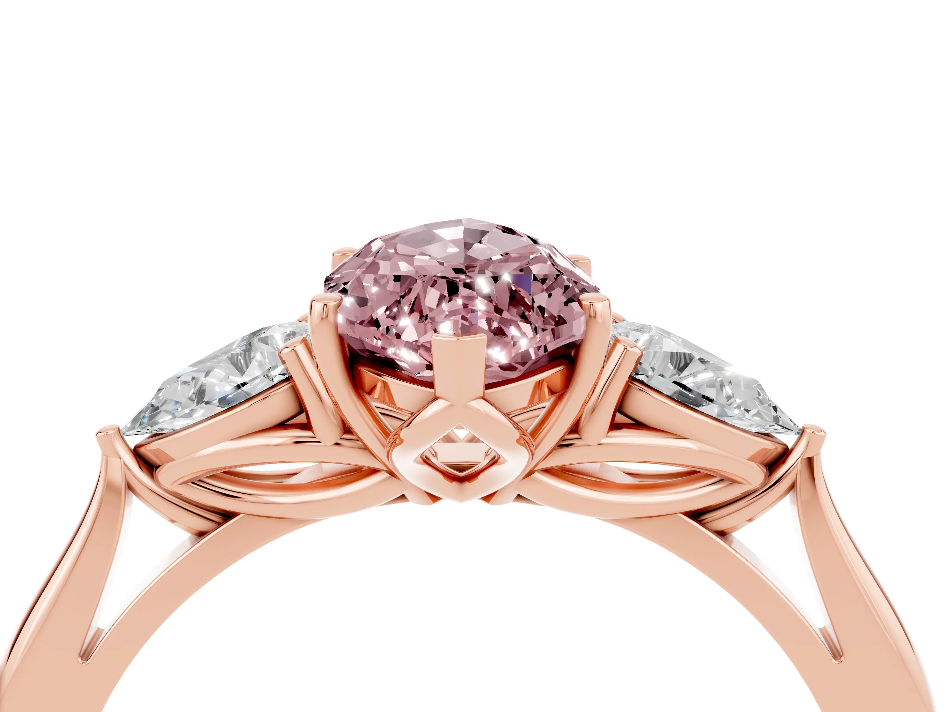 Rose gold Marquise Cut Morganite Three-Stone Ring with Pear Side Stones and Four-Prong Setting_16