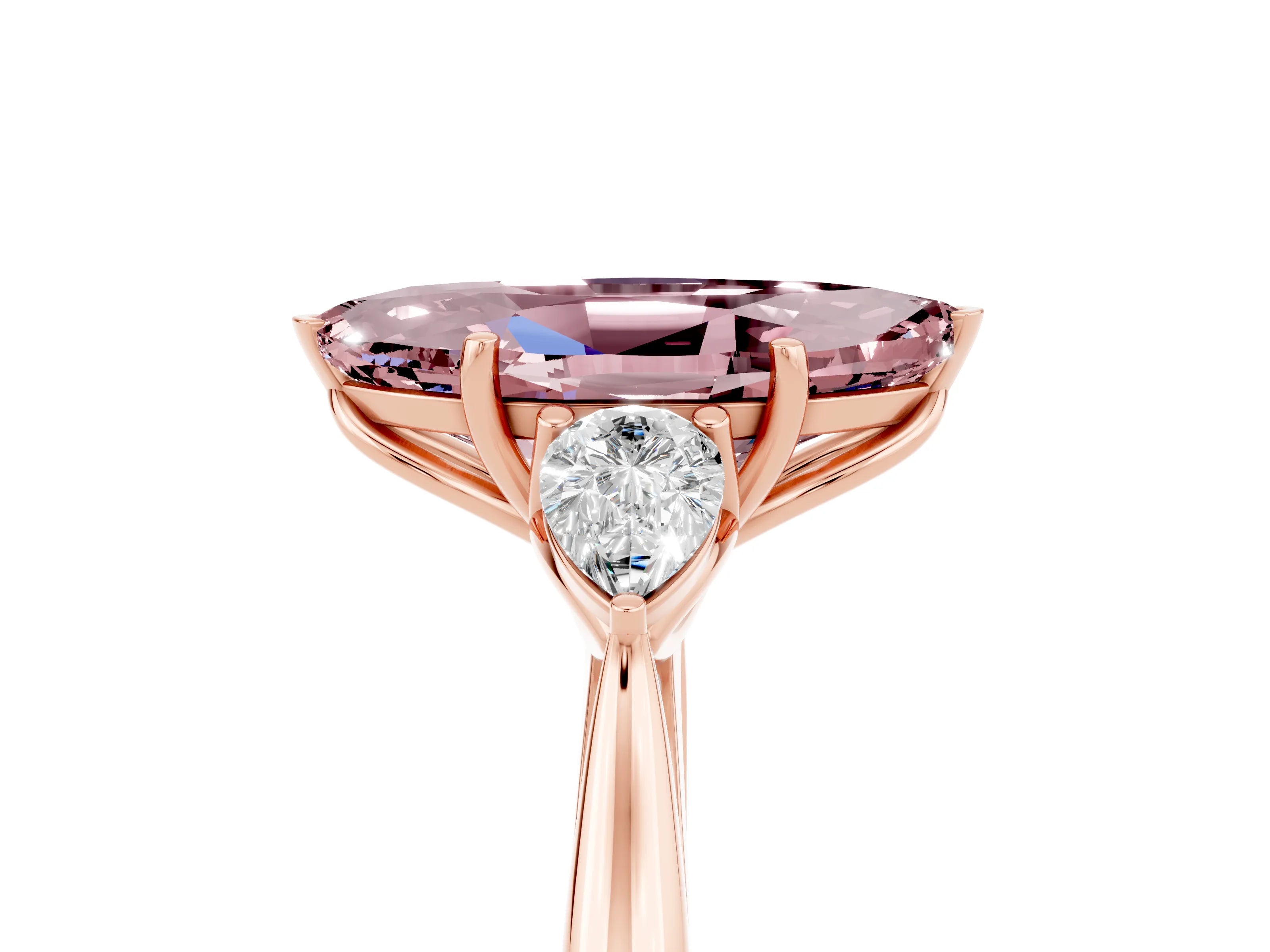 Rose gold Marquise Cut Morganite Three-Stone Ring with Pear Side Stones and Four-Prong Setting_17