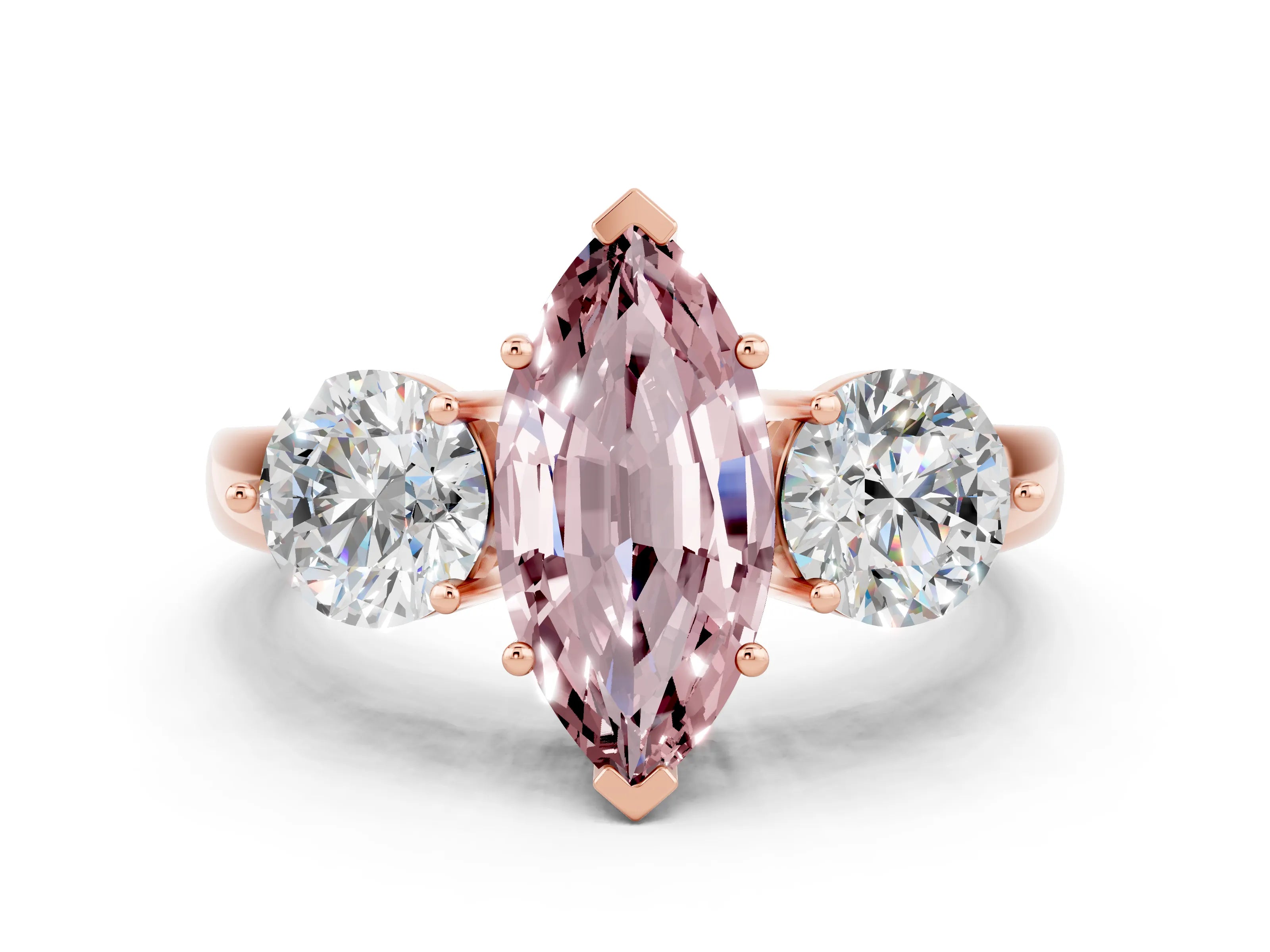 Rose gold Marquise Cut Morganite Three-Stone Ring with Prong Setting and Classic Band