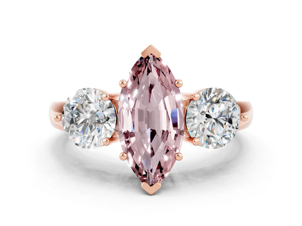 Rose gold Marquise Cut Morganite Three-Stone Ring with Prong Setting and Classic Band