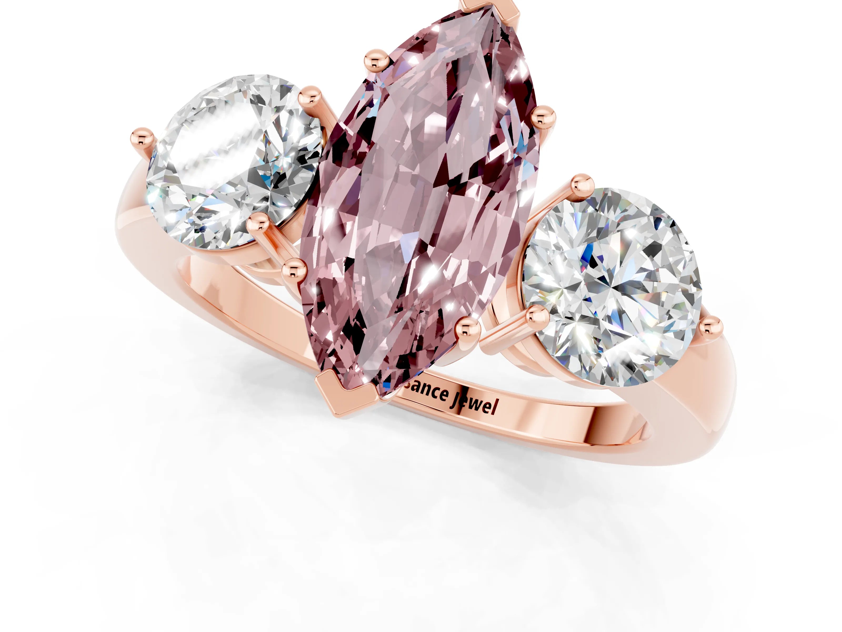 Rose gold Marquise Cut Morganite Three-Stone Ring with Prong Setting and Classic Band_1