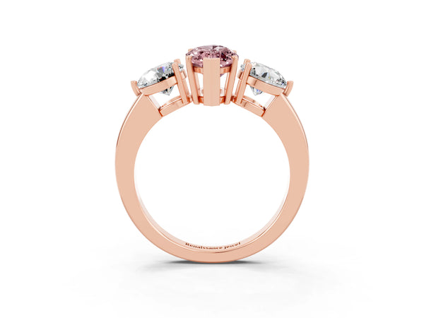 Rose gold Marquise Cut Morganite Three-Stone Ring with Prong Setting and Classic Band