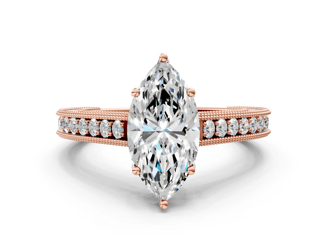 Rose gold Marquise Cut Pave Band Milgrain Solitaire Ring_13