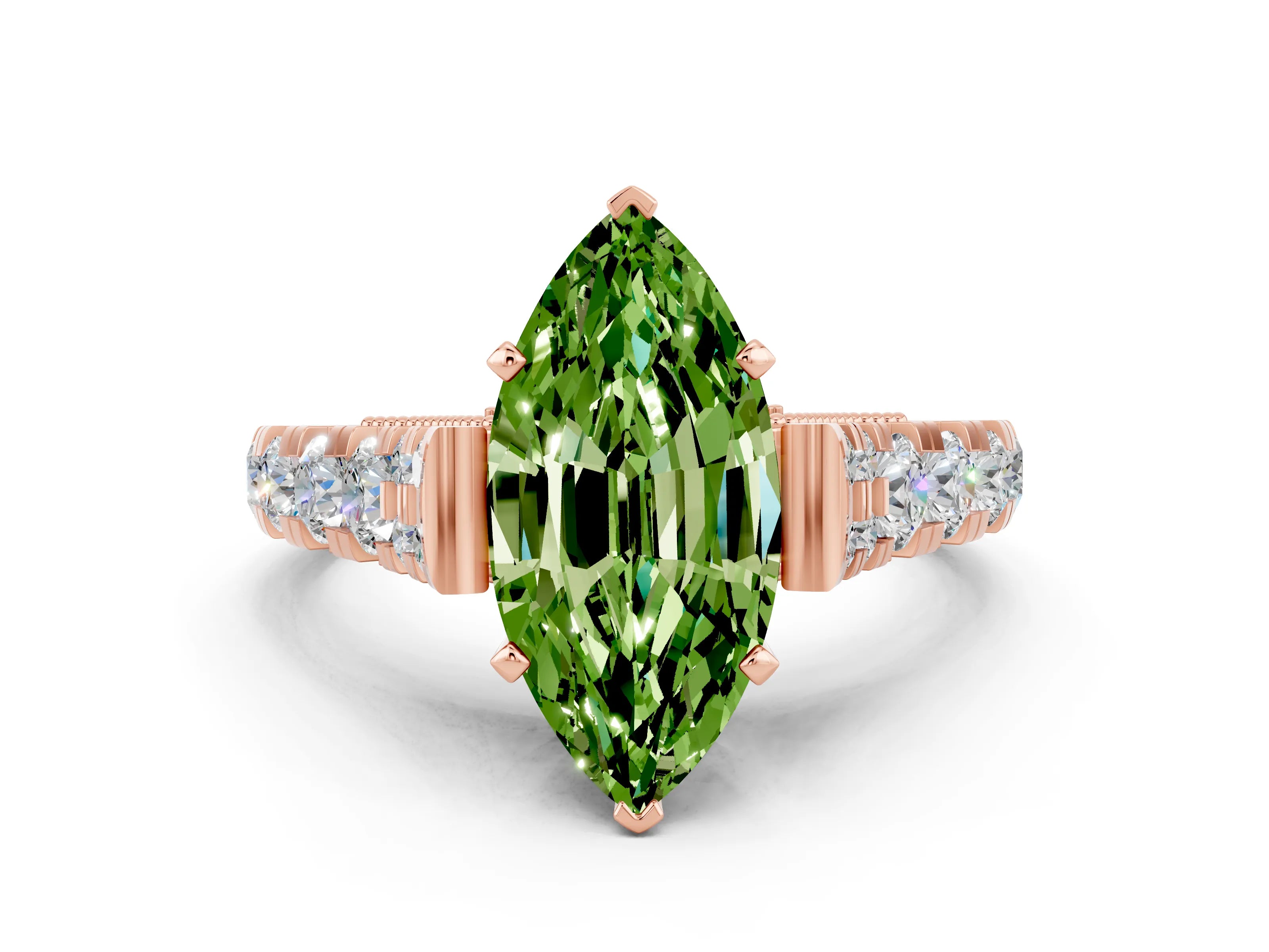 Rose gold Marquise Cut Peridot Classic Solitaire Ring with Pavé Band and Four-Prong Setting