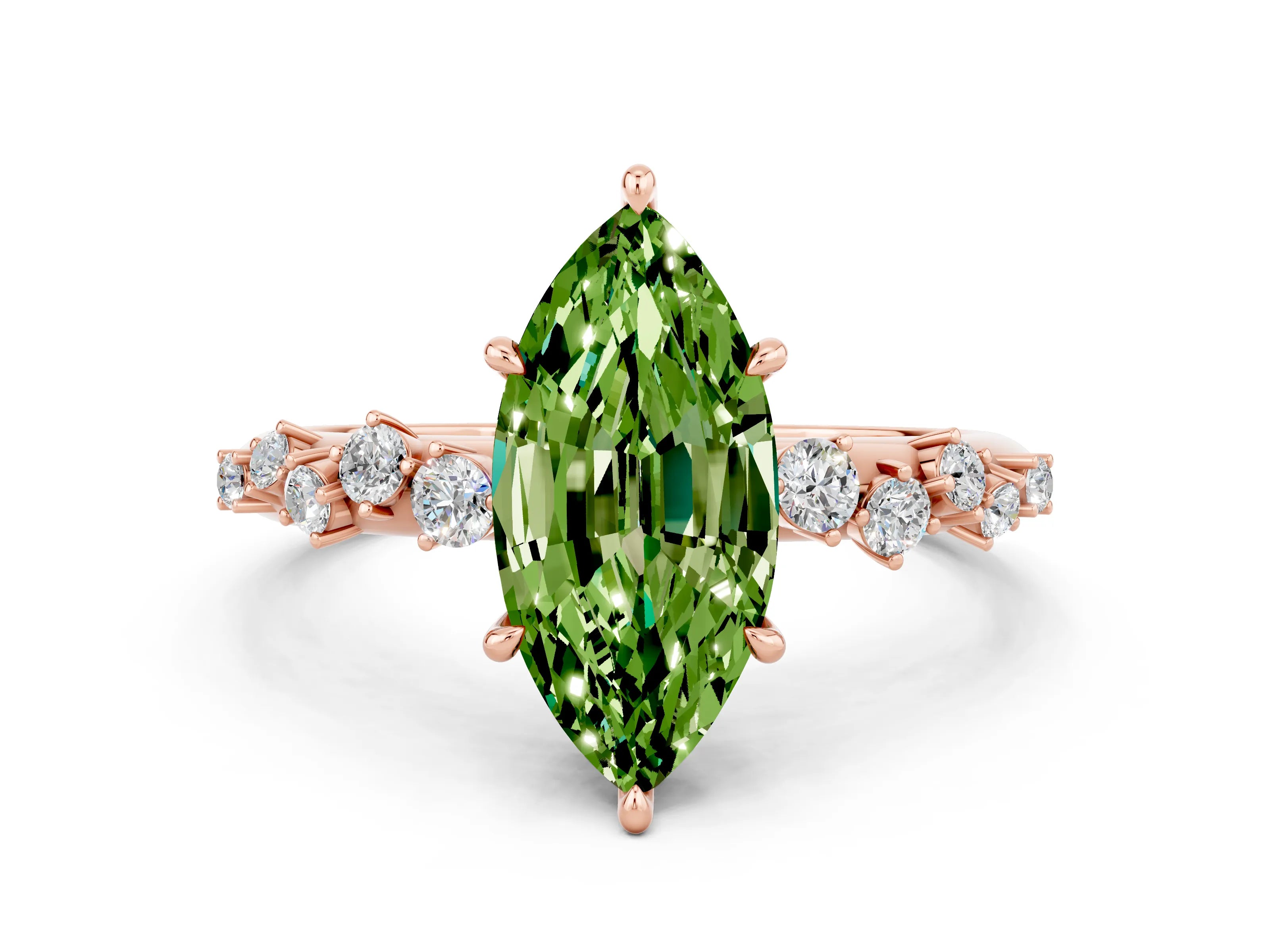 Rose gold Marquise Cut Peridot Cluster Side Stone Solitaire Ring with Prong Setting_24