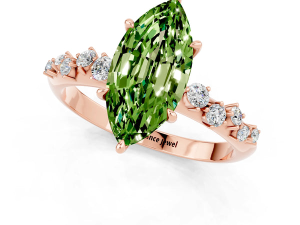 Rose gold Marquise Cut Peridot Cluster Side Stone Solitaire Ring with Prong Setting