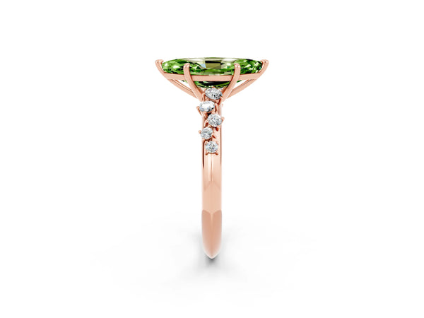 Rose gold Marquise Cut Peridot Cluster Side Stone Solitaire Ring with Prong Setting