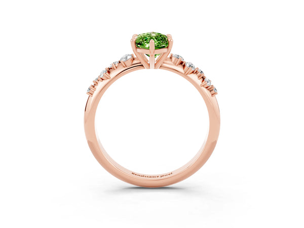 Rose gold Marquise Cut Peridot Cluster Side Stone Solitaire Ring with Prong Setting