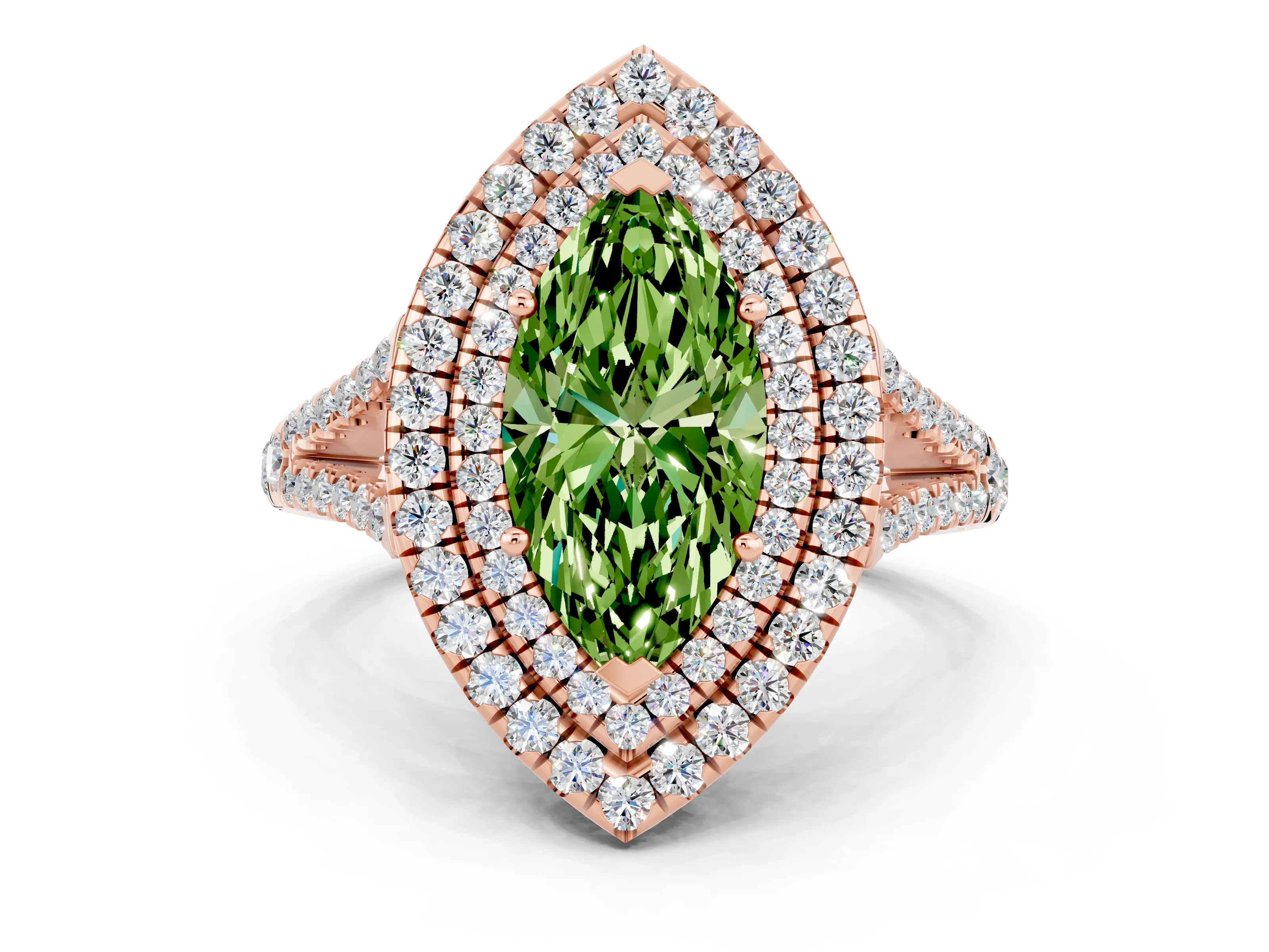 Rose gold Marquise Cut Peridot Double Halo Ring with Pavé Band and Prong Setting_12